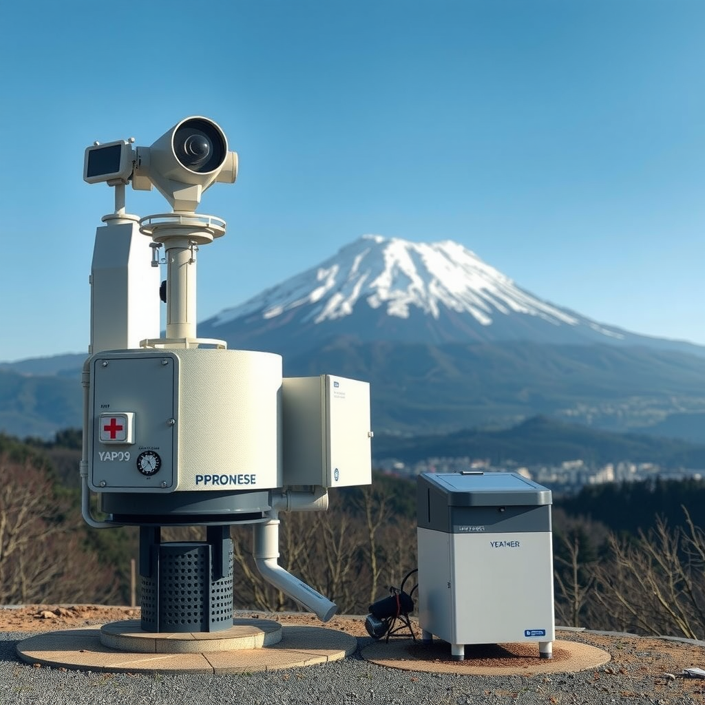 日本の気象観測所と富士山を背景にした最新の気象観測機器