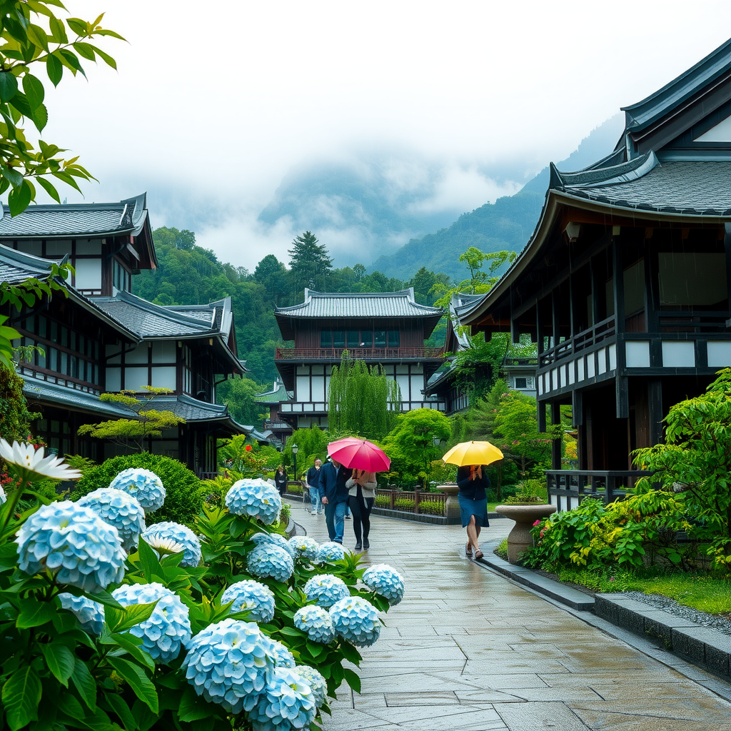 A serene Japanese landscape during tsuyu rainy season showing gentle rainfall over traditional architecture with hydrangeas blooming in the foreground, misty mountains in the background, and people with colorful umbrellas walking through a peaceful garden path
