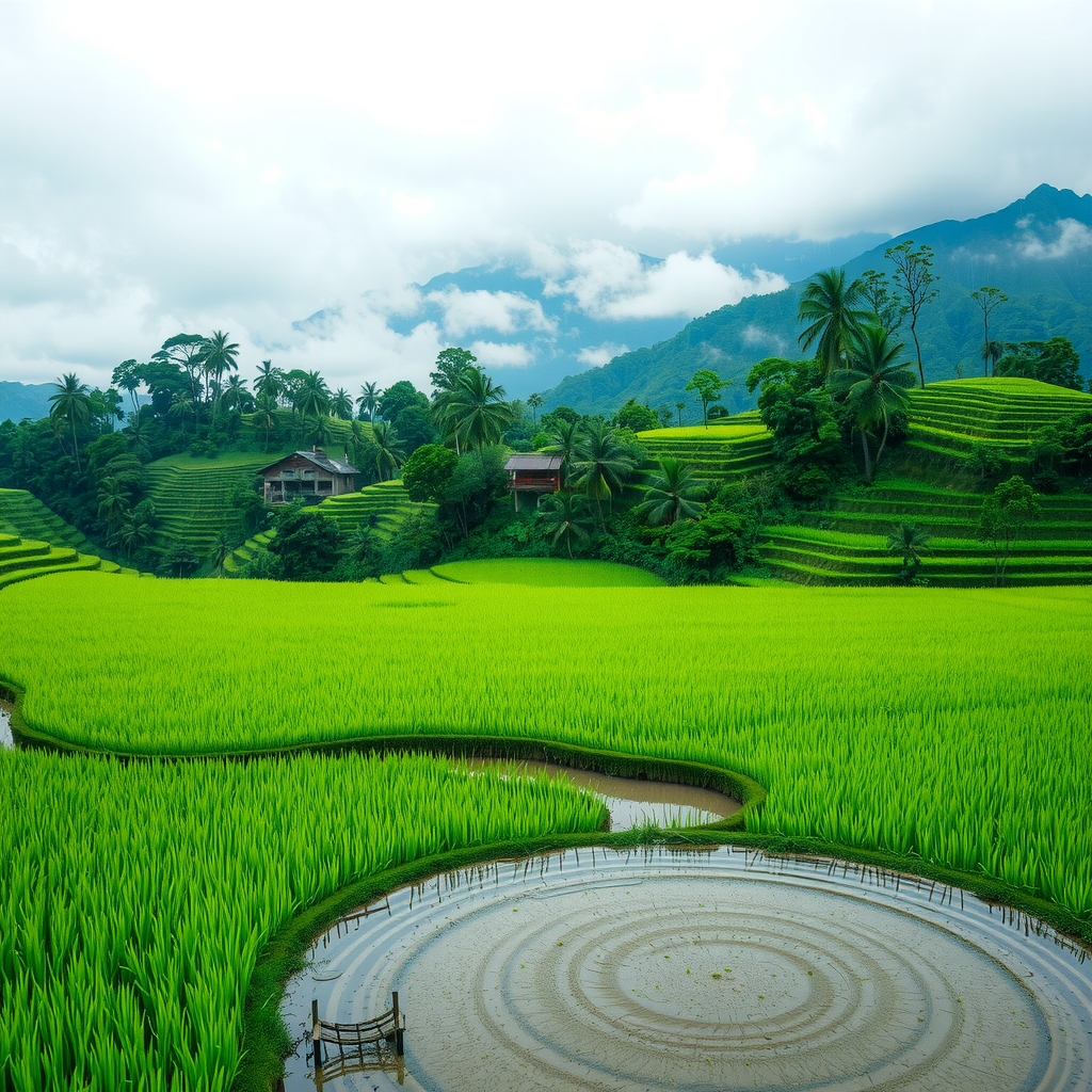 Aerial view of Japanese countryside during tsuyu rainy season with lush green rice paddies, misty mountains in background, and gentle rainfall creating ripples in water-filled fields under overcast sky