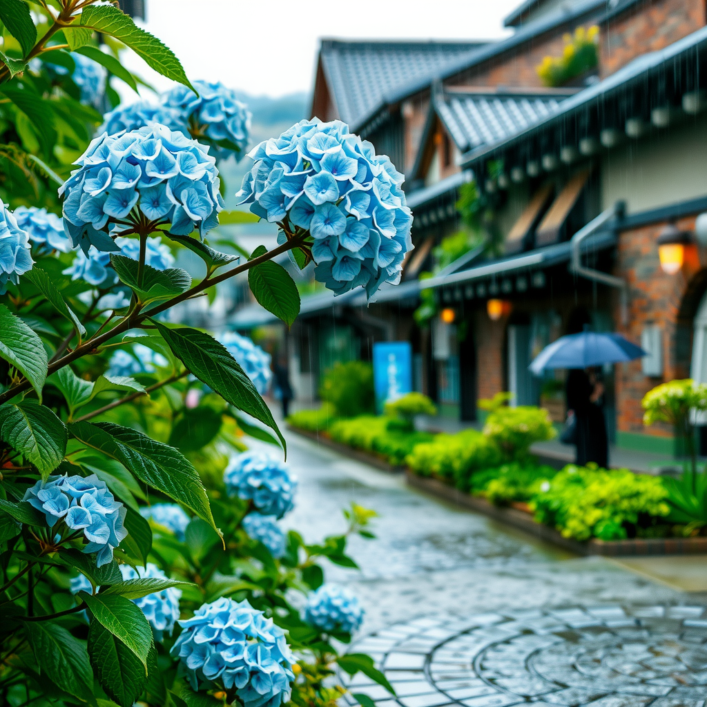 日本の梅雨シーズンの風景。雨に濡れた紫陽花の花が咲き誇り、しっとりとした緑豊かな庭園の様子。傘を差した人々が石畳の道を歩いている伝統的な日本の街並み