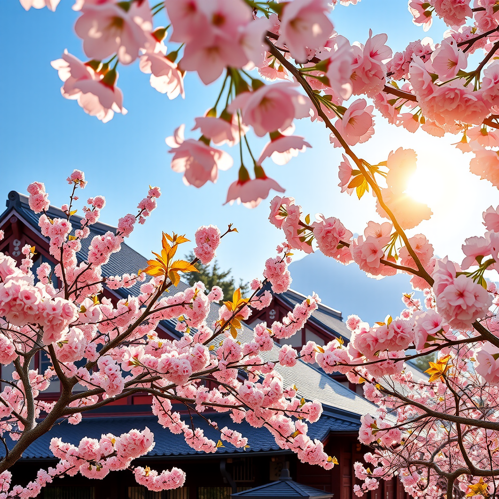 日本全国の桜の名所を示す美しい桜の風景。満開の桜が青空の下で咲き誇り、伝統的な日本の建築物が背景に見える春の情景