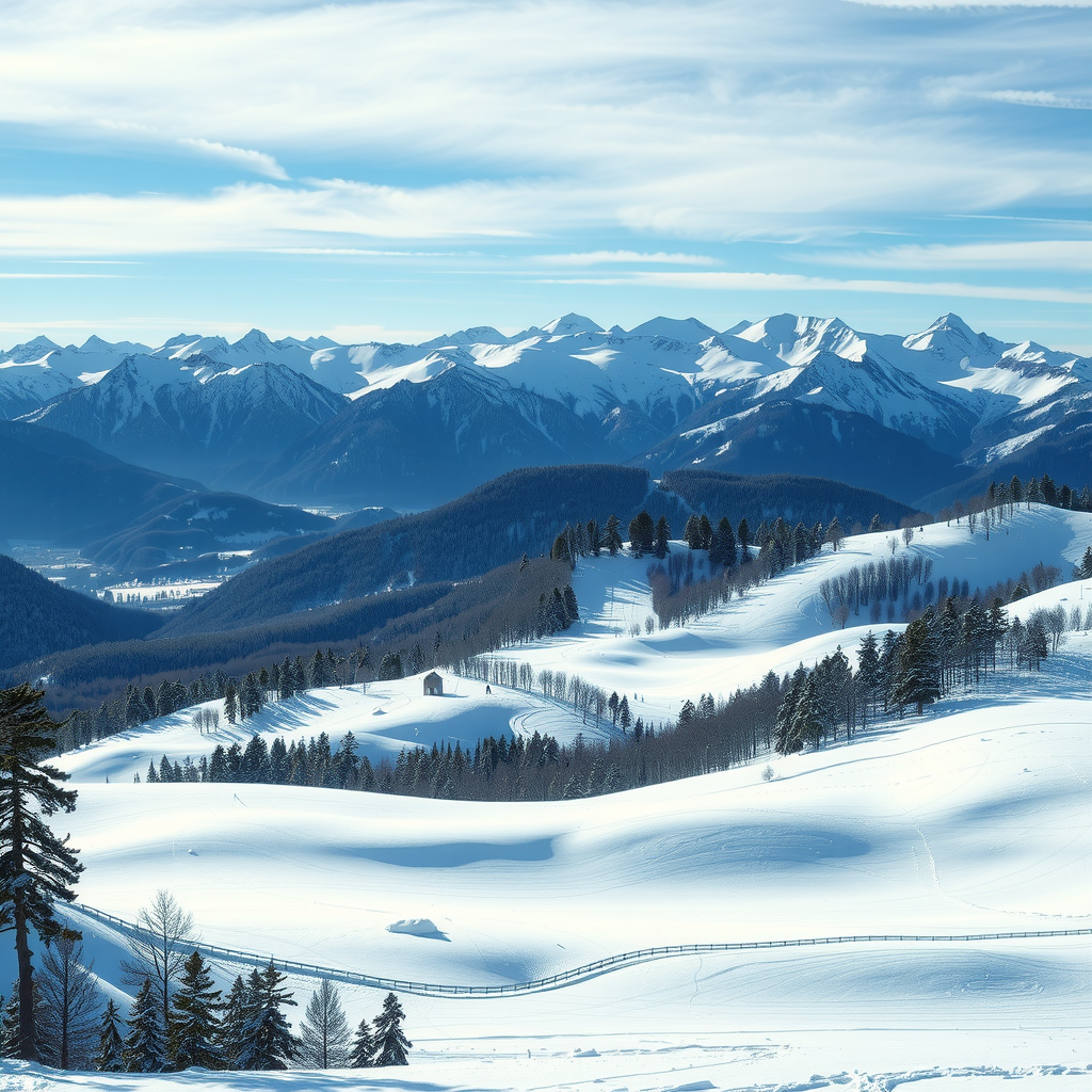 雪に覆われた日本の山岳地帯、スキー場のゲレンデが広がる冬の晴天の風景