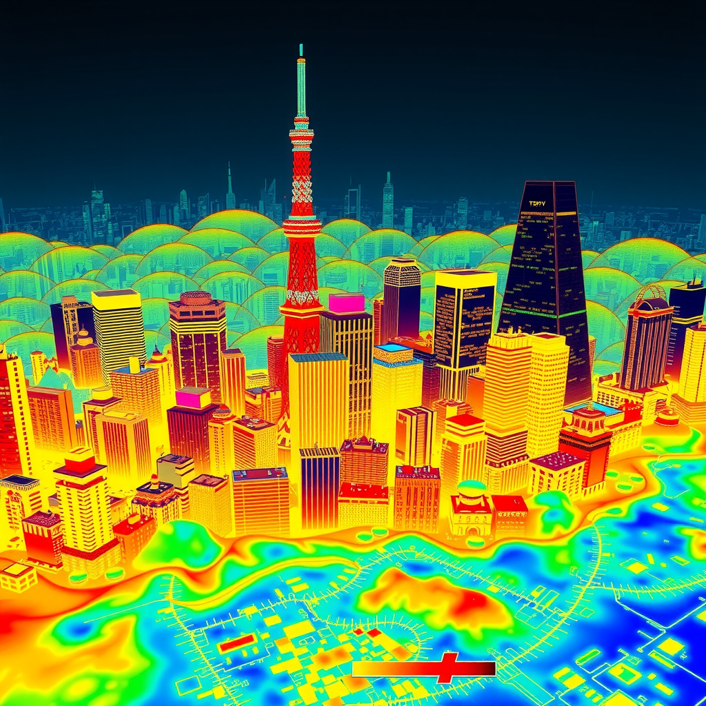 東京のスカイラインと都市ヒートアイランド効果を示す熱分布マップ。高層ビル群と温度グラデーションが重なり、都市部の気温上昇を視覚化している