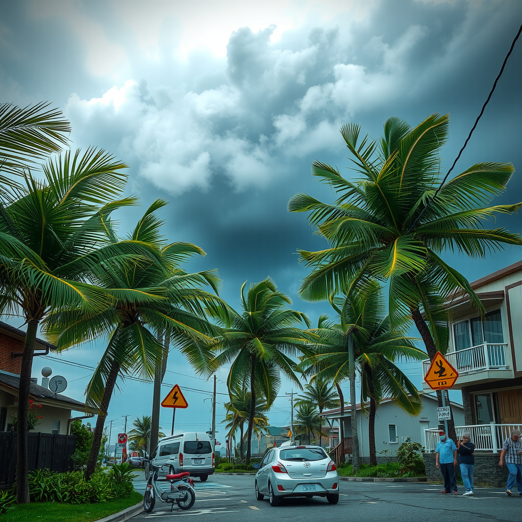 A dramatic scene showing typhoon preparation in Japan with strong winds bending palm trees, dark storm clouds gathering over coastal areas, emergency warning signs visible, and people securing their homes with protective measures like boarding windows and securing outdoor items