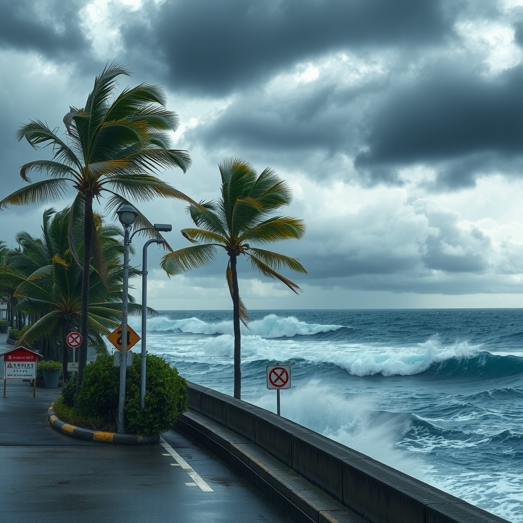 Dramatic coastal scene during typhoon approach in Japan with strong winds bending palm trees, dark storm clouds gathering over ocean, waves crashing against seawall, and emergency warning signs visible