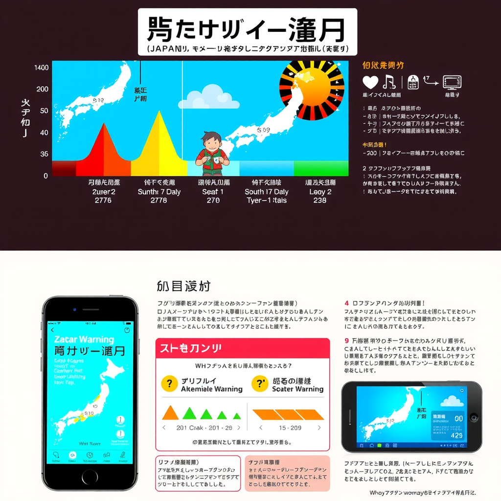 日本の気象警報システムのインフォグラフィック、警報レベルと対応行動を示す色分けされた図表、スマートフォンとテレビの警報表示画面