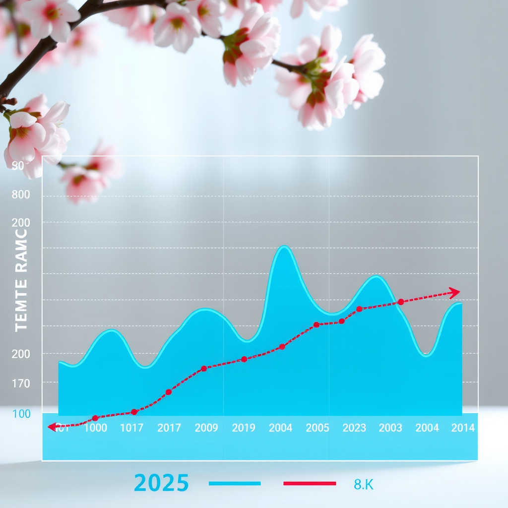 2025年の月別平均気温を示すグラフ。青色の折れ線グラフが気温の推移を表し、過去10年間の平均値との比較が赤い点線で示されている。背景には桜のシルエットが淡く描かれている