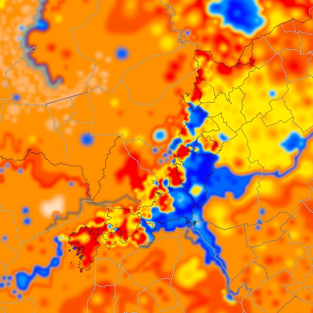 東京23区の温度分布マップ。色分けされた地図で都心部が赤く、郊外が青く表示され、ヒートアイランドの空間的パターンを示している