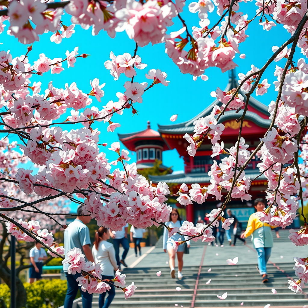 A breathtaking view of cherry blossom trees in full bloom across Japan showing delicate pink sakura petals against a clear blue sky, traditional Japanese temple in the background, people enjoying hanami picnics under the blossoms, and petals gently falling creating a magical spring atmosphere
