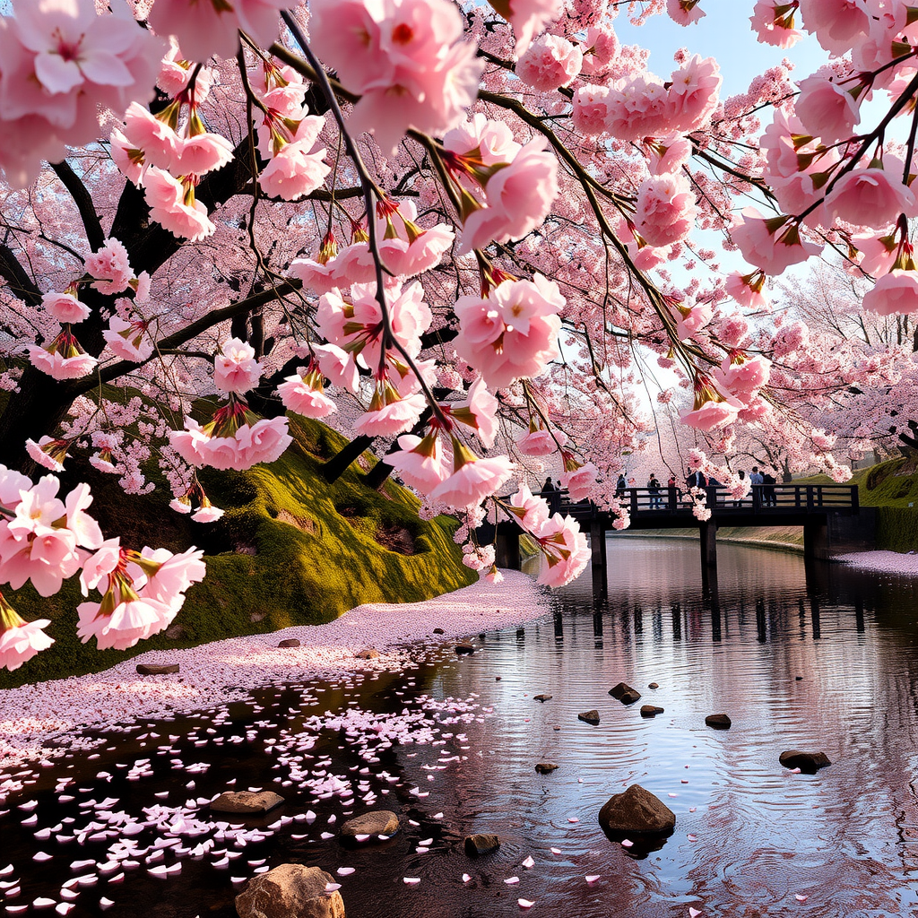 Beautiful cherry blossom trees in full bloom along Japanese river with pink sakura petals floating on water, traditional wooden bridge in background, and people enjoying hanami under clear spring sky