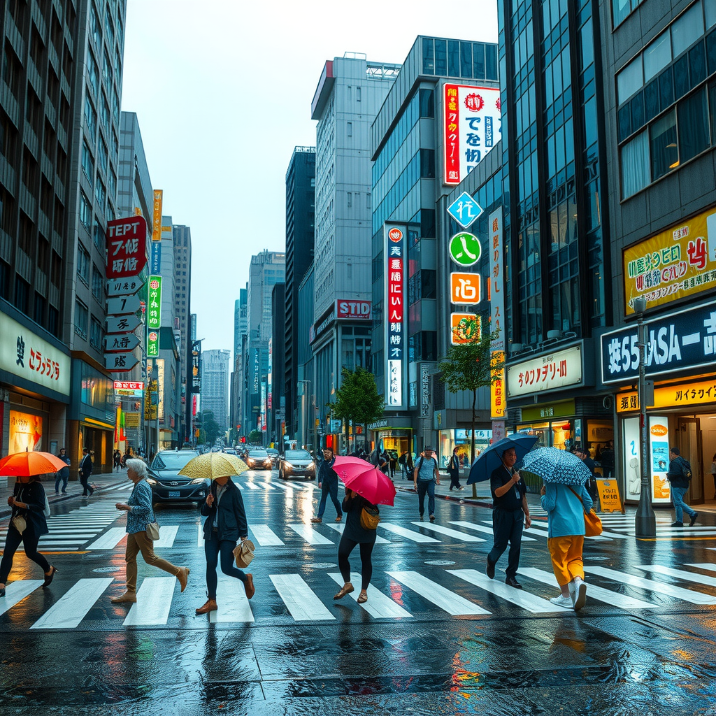 東京の梅雨シーズン。雨に濡れた都市の街並み、色とりどりの傘を差した通勤者が横断歩道を渡る様子。高層ビルが霧雨に包まれ、ネオンサインが雨に反射している夜景