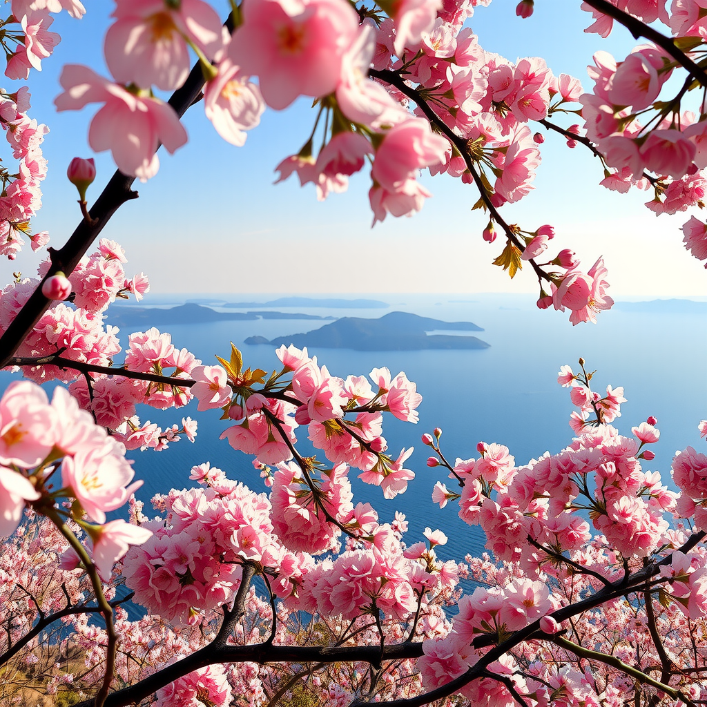 四国地方の桜の名所。瀬戸内海を背景に満開の桜が咲き誇る風景。青い海と桜のピンク色のコントラストが美しく、遠くに島々が見える春の穏やかな情景