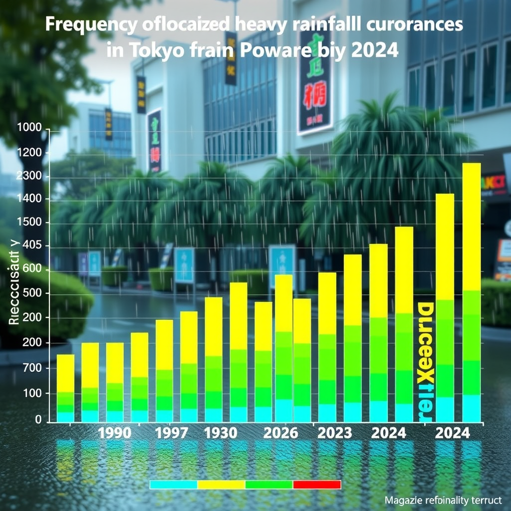1990年から2024年までの東京における集中豪雨発生頻度を示す棒グラフ。年代ごとに色分けされ、増加傾向が明確に表示されている