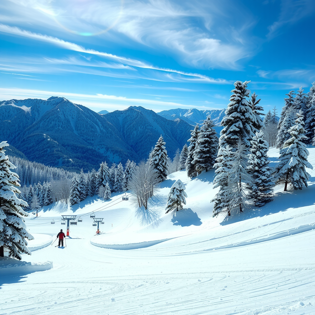 Snowy mountain landscape in Japanese ski resort with fresh powder snow covering slopes, skiers descending pristine runs, snow-laden pine trees, and modern ski lifts against blue winter sky