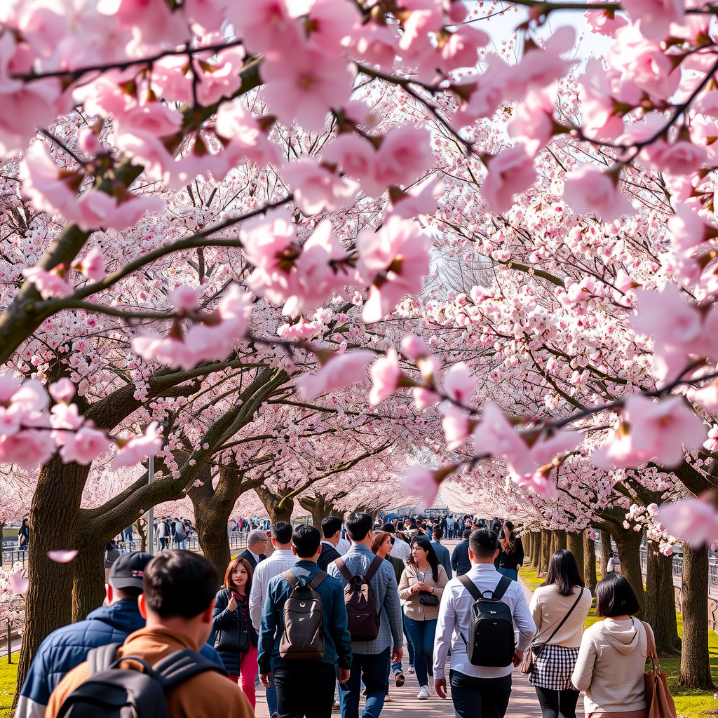 東京の桜の名所、上野公園の満開の桜。多くの人々が花見を楽しんでいる様子。桜のトンネルの下を歩く人々と、ピンク色の花びらが舞う春の賑やかな風景