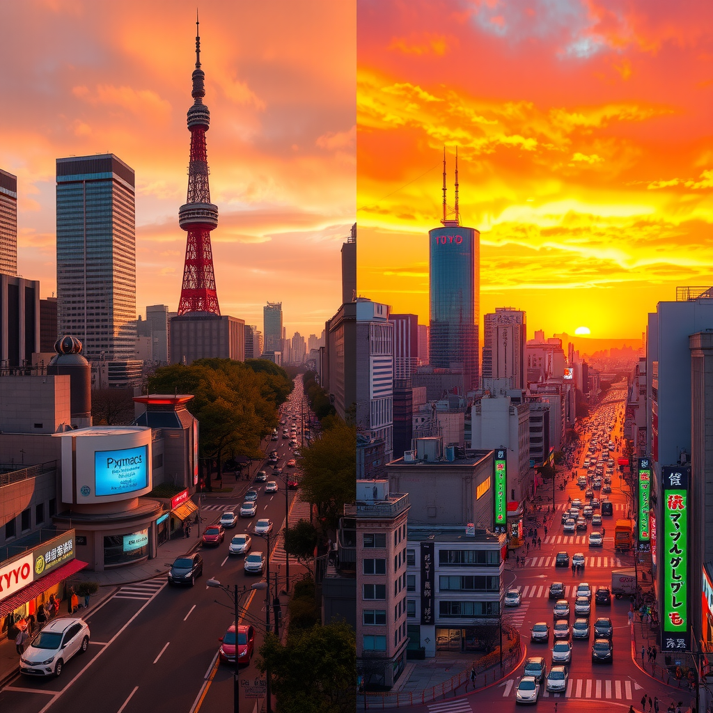 Split view comparison of Tokyo cityscape showing urban heat island effect with modern skyscrapers, busy streets with heat shimmer, temperature monitoring stations, and data visualization overlays showing climate change trends