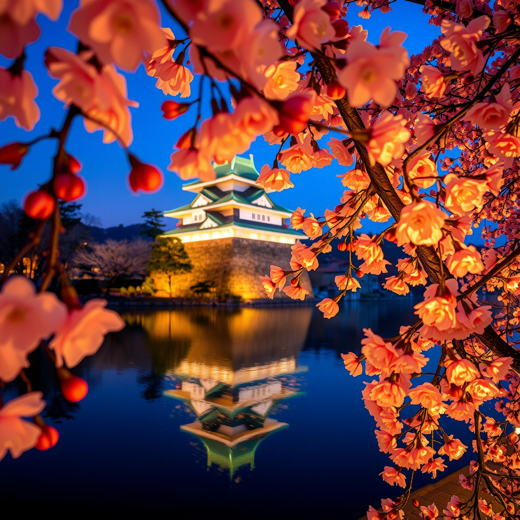 東北地方の桜の名所、弘前公園の満開の桜。弘前城の天守閣を背景に、濠の水面に映る桜が美しい。夕暮れ時のライトアップされた桜と城の幻想的な風景