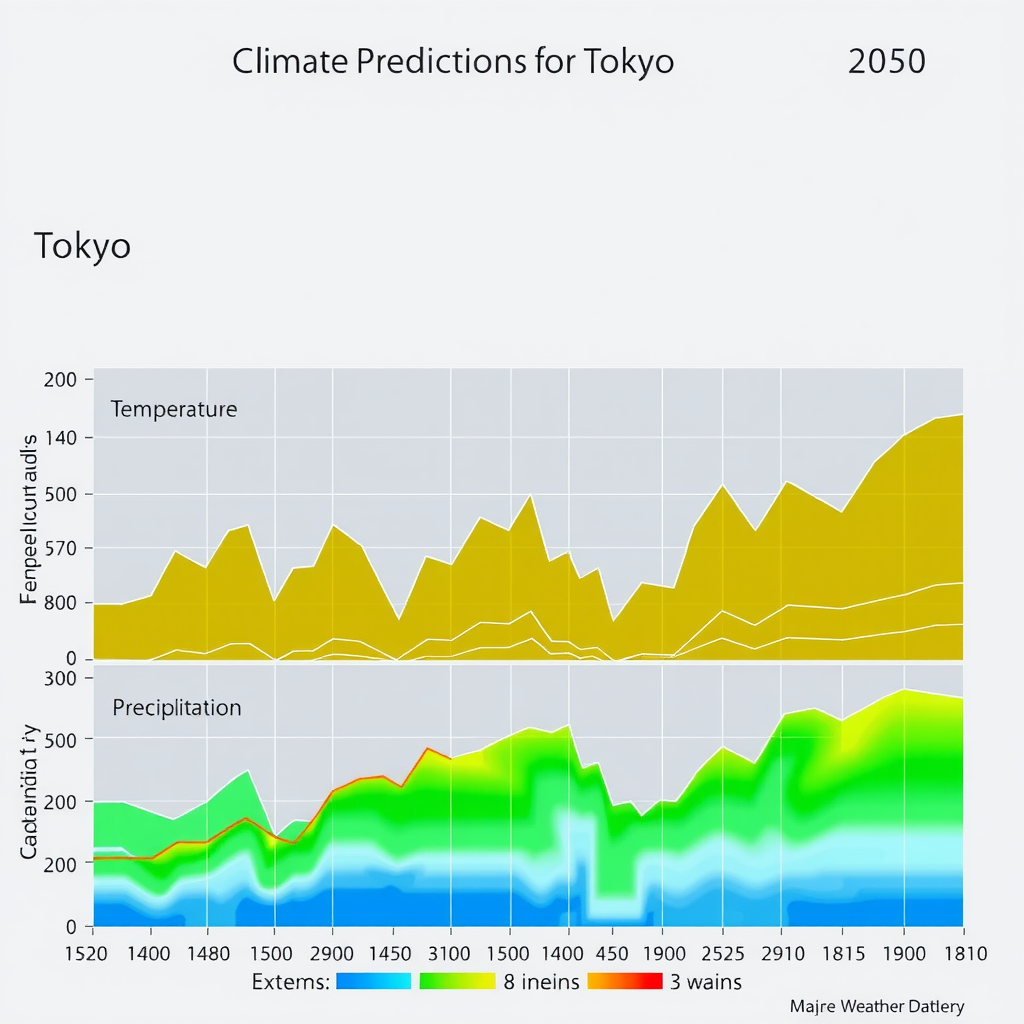 2050年までの東京の気候予測を示すグラフ。気温、降水量、極端気象イベントの予測トレンドが複数の線で表示されている