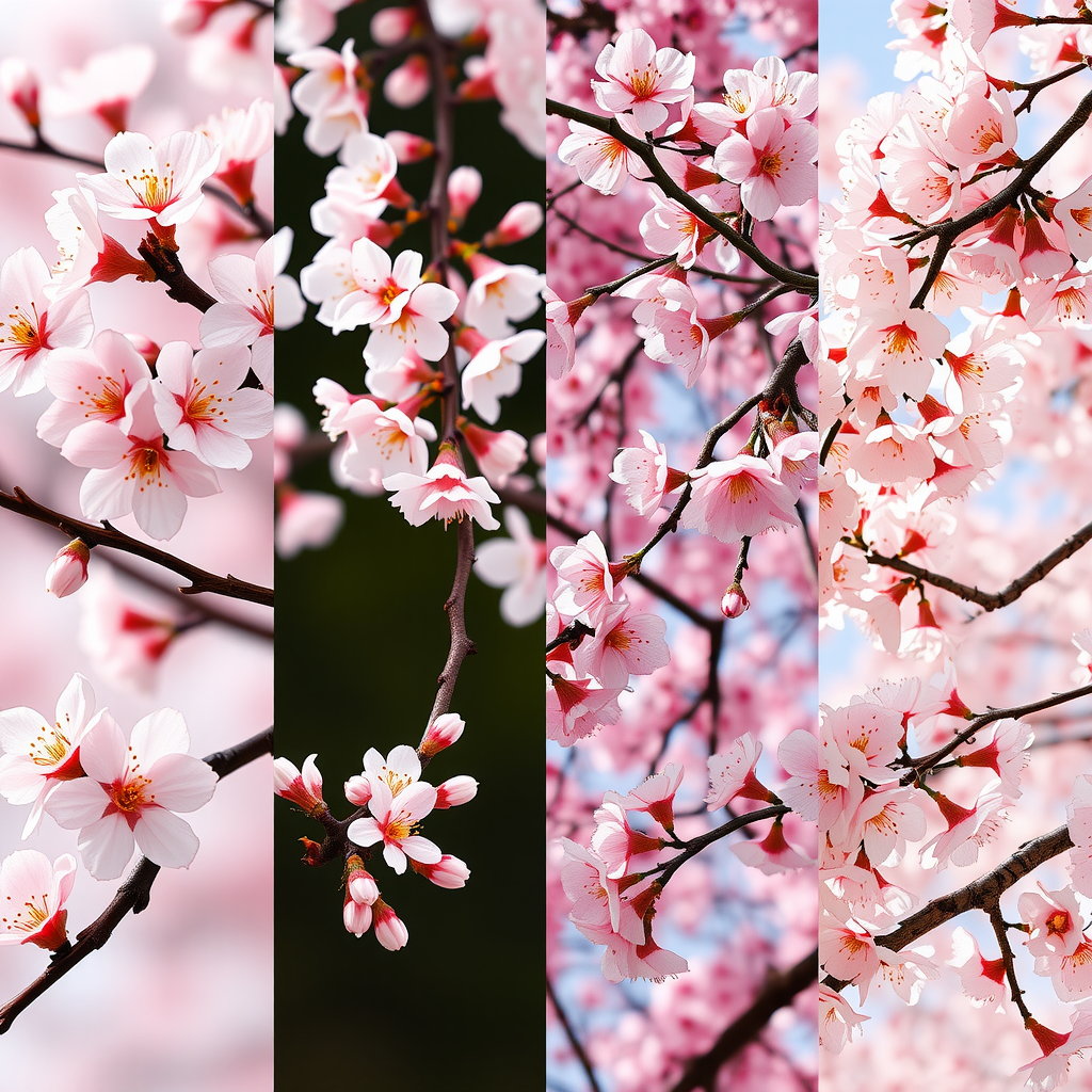 様々な品種の桜を並べて比較した画像。ソメイヨシノの淡いピンク、シダレザクラの優雅な枝垂れ、八重桜の豪華な花びら、ヤマザクラの野趣ある姿が一つの画像に収められている