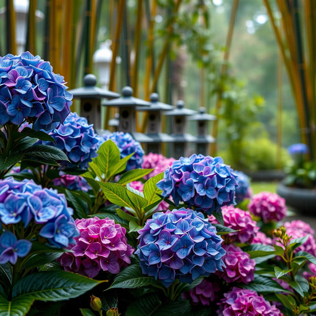 満開の紫陽花が咲き誇る日本庭園。青、紫、ピンクの色とりどりの紫陽花が雨に濡れて輝いている様子。石灯籠や竹林を背景に、しっとりとした雨の日の風情ある景色